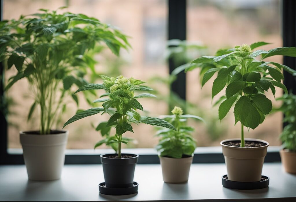 Various potted plants, including autoflower and feminized cannabis, on a windowsill with daylight in the background.