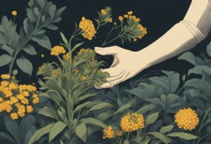 A hand reaching into a lush Canadian garden to touch or pick golden yellow autoflower blooms during harvest.