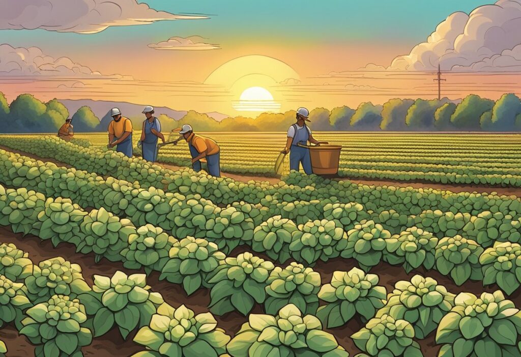 Farmworkers harvesting crops in a field at sunset, analyzing yield expectations.