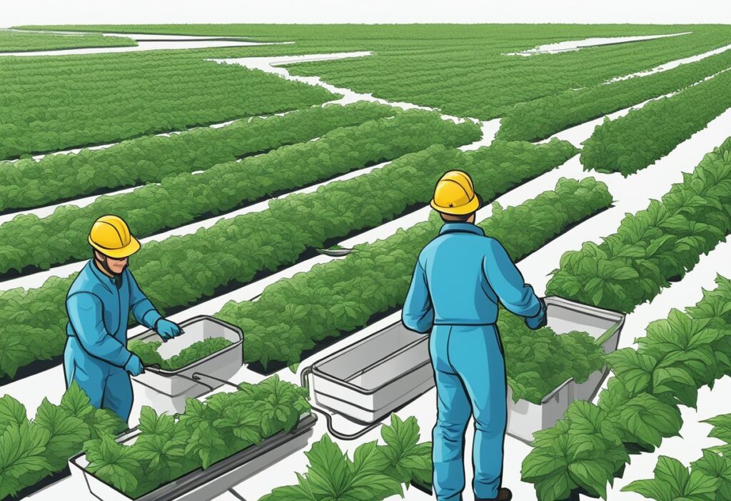 Two workers in hard hats harvesting autoflower seeds on a large farm.