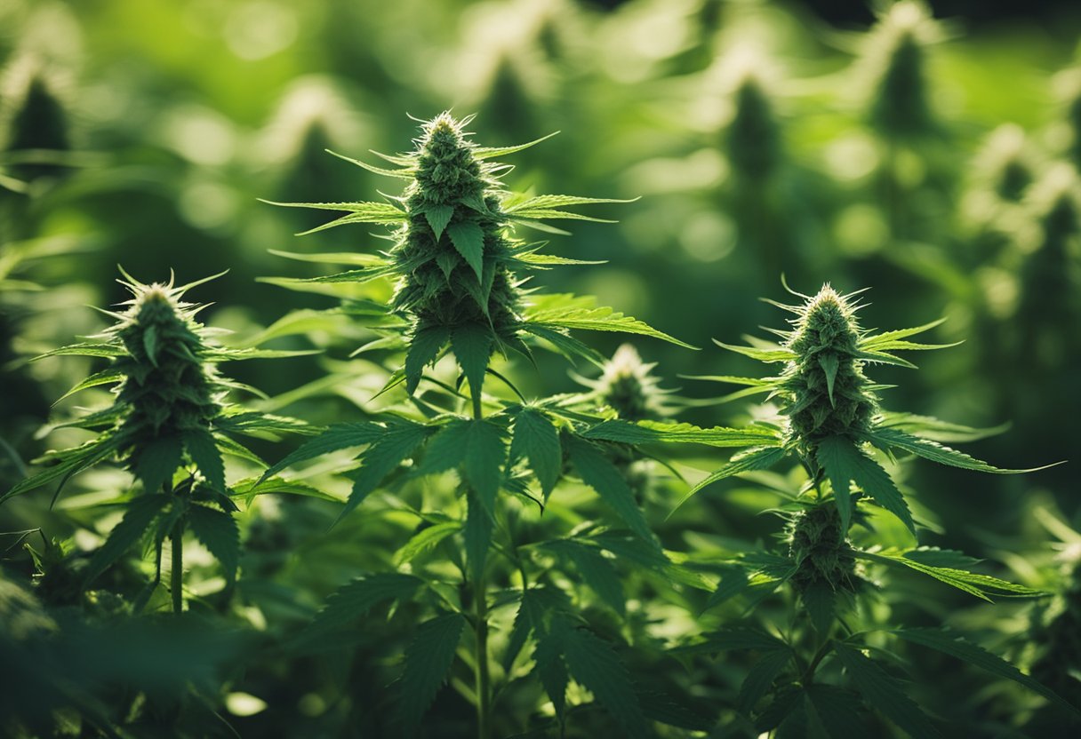 Cannabis plants in a field with a focus on budding flowers and marijuana seeds for sale.