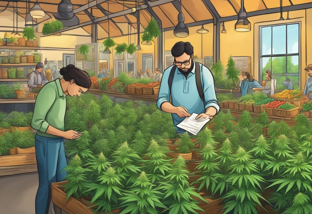 Two individuals inspecting the genetics of autoflowers in a cannabis dispensary in Canada.