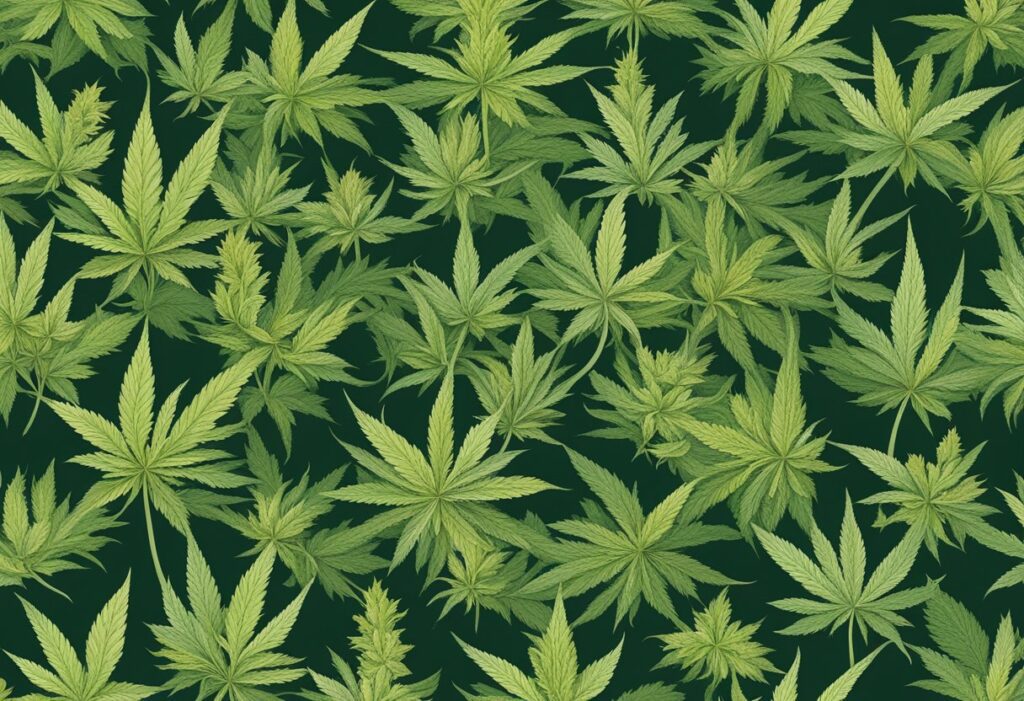 A seamless pattern of cannabis leaves on a dark background, celebrating Canada's harvest timing.