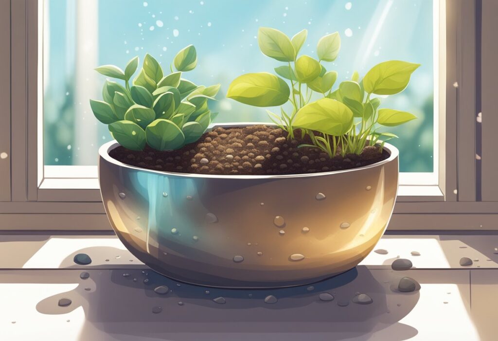 A potted plant bathed in sunlight, adorned with water droplets on the surface, sits on a windowsill in Canada.