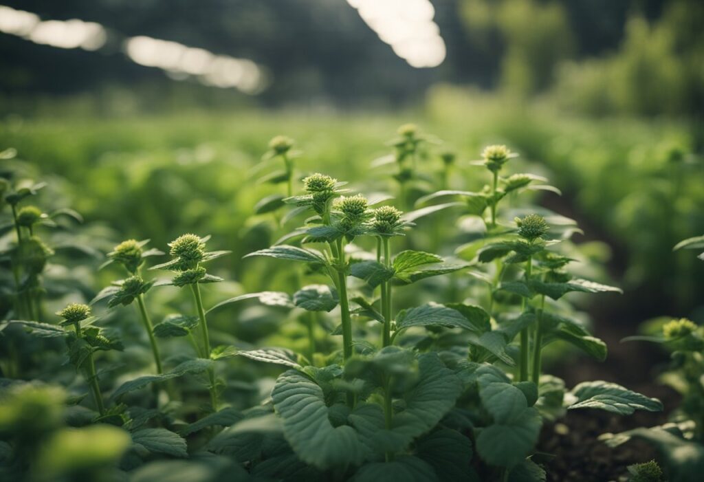 Young cannabis plants growing in an agricultural field with sunlight filtering through.