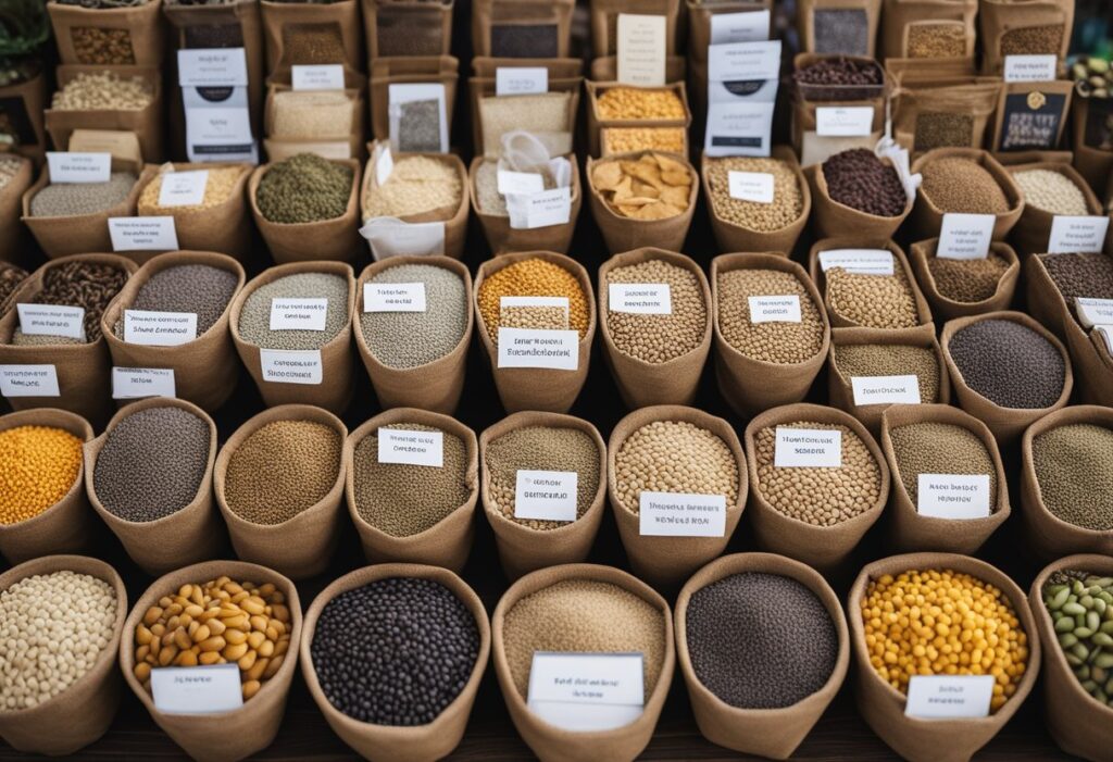 Assorted grains and seeds neatly displayed in round containers with labels for gardeners at the Premium Seed Market.