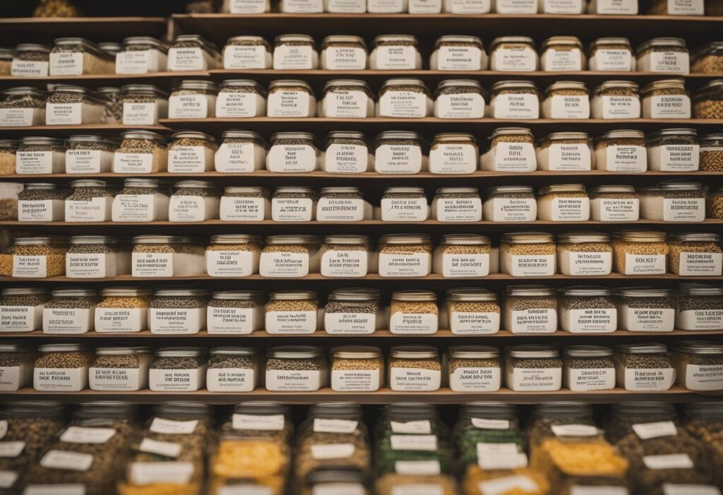 Rows of labeled jars filled with various spices and grains dominate the premium seed market.