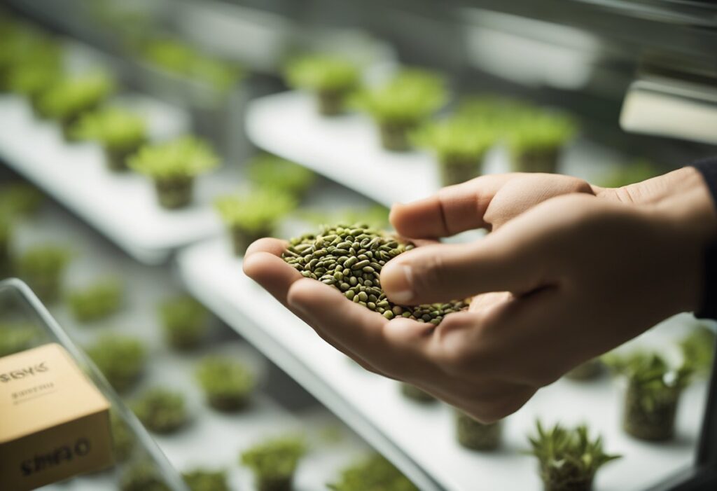 Person inspecting a handful of feminized seeds in a modern indoor agriculture setting.