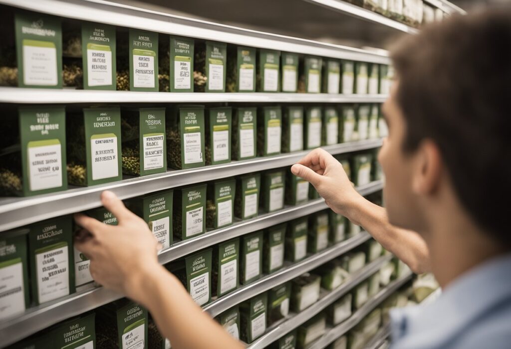 Man selecting a premium product from a shelf stocked with boxes of tea in a grocery store.
