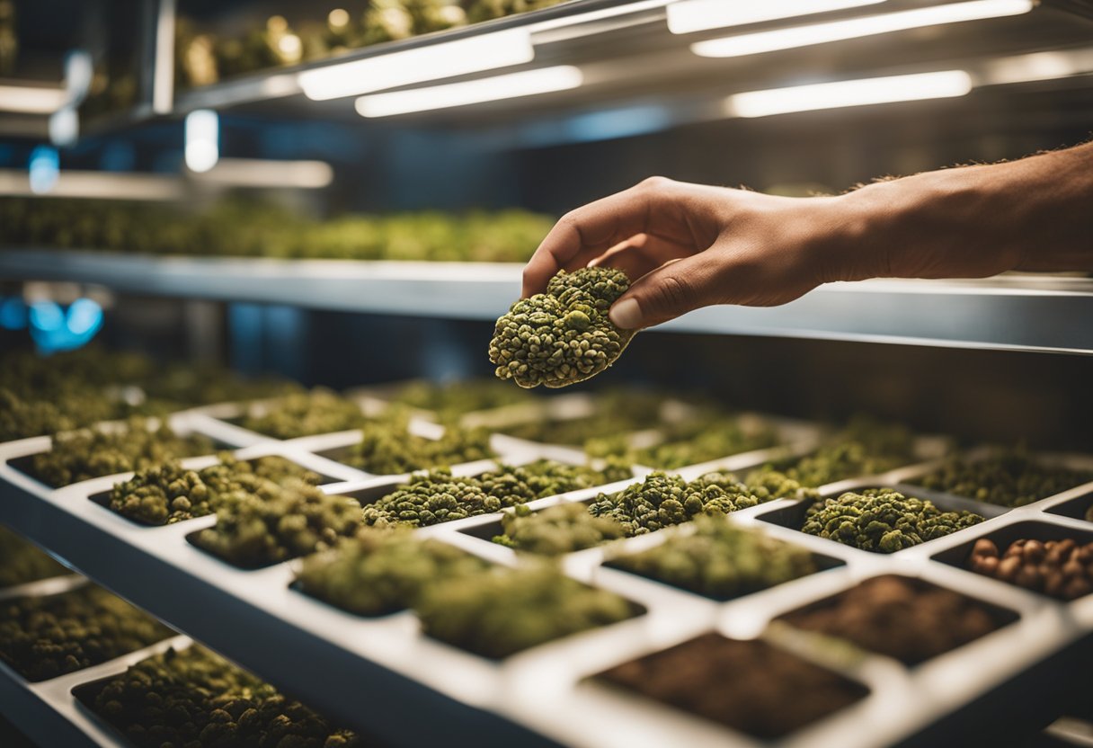 A person's hand selecting marijuana seeds for sale from a shelf in an indoor agricultural establishment.