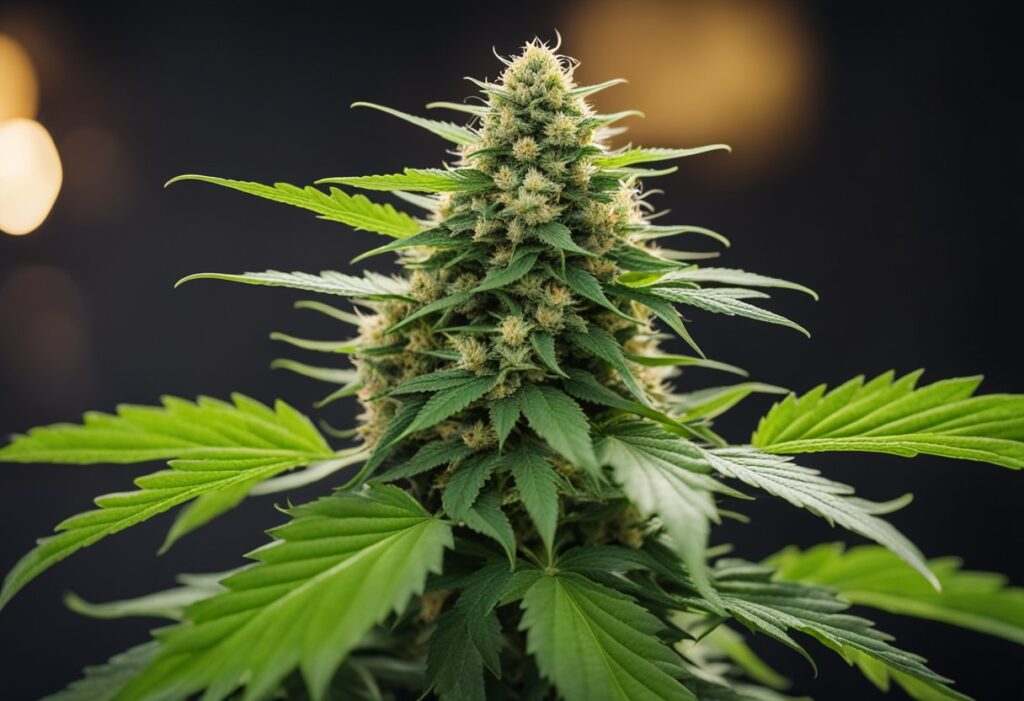 A close-up photograph of a mature, feminized cannabis plant with a prominent bud surrounded by leaves.