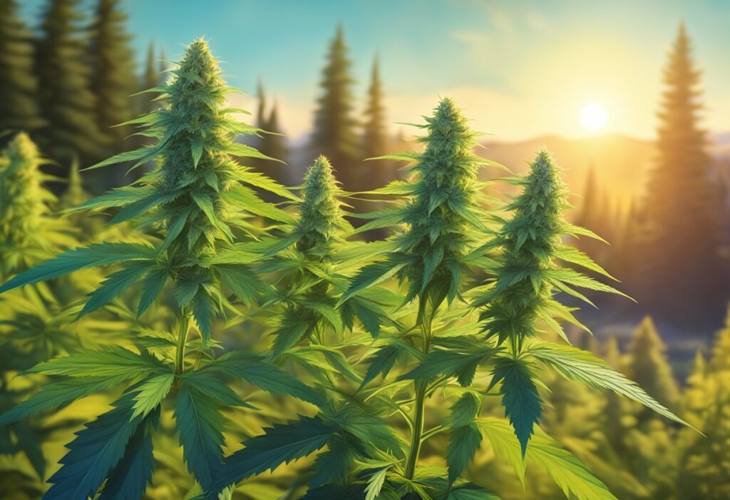 Cannabis plants in the foreground with a sunset and forest backdrop in Canada.