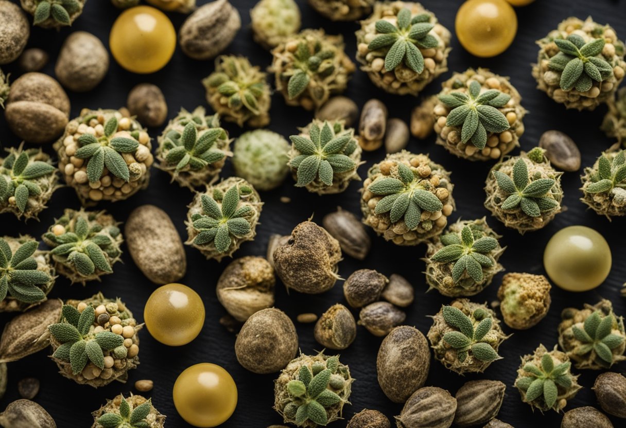 A different type of marijuana seeds arranged on a dark surface.