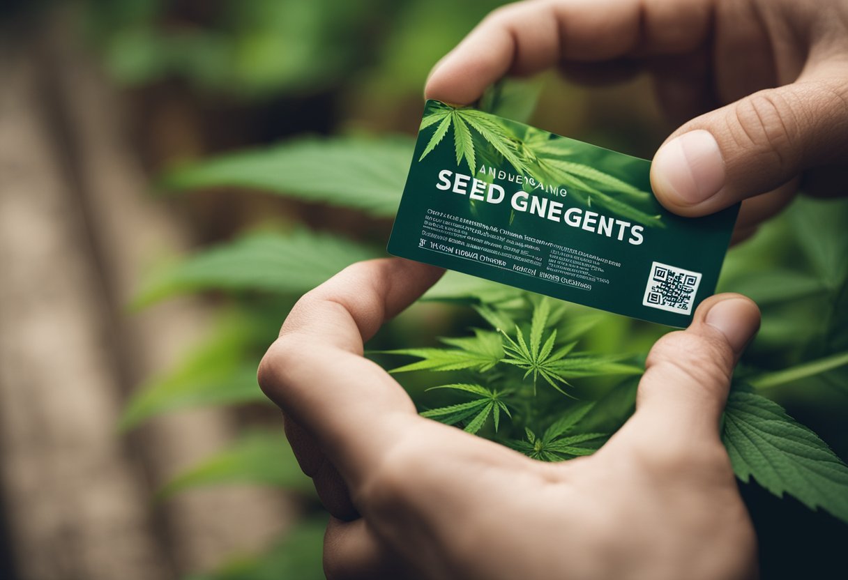 Person holding a business card with marijuana seeds for sale and cannabis plants in the background.
