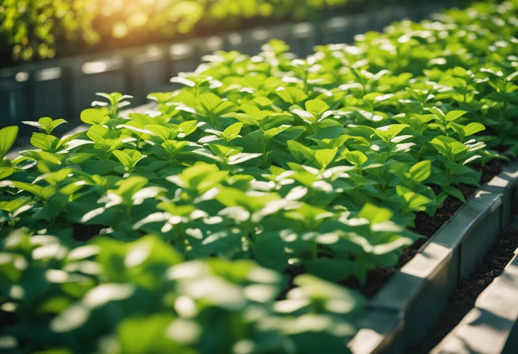 Young plants, from feminized seeds, growing in a greenhouse with sunlight filtering through.