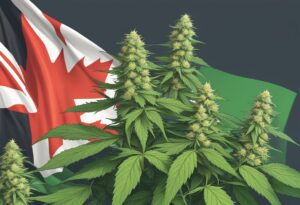 Cannabis plants with high THC levels in front of a Canadian flag.