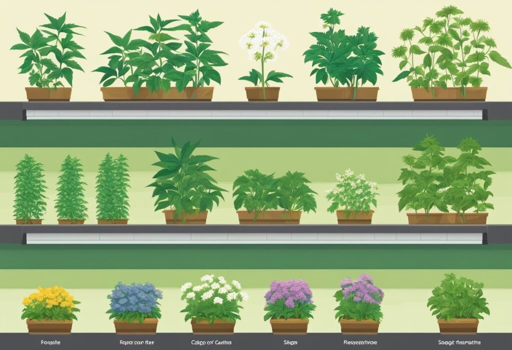 Variety of potted houseplants, including autoflower seeds, arranged on shelves.