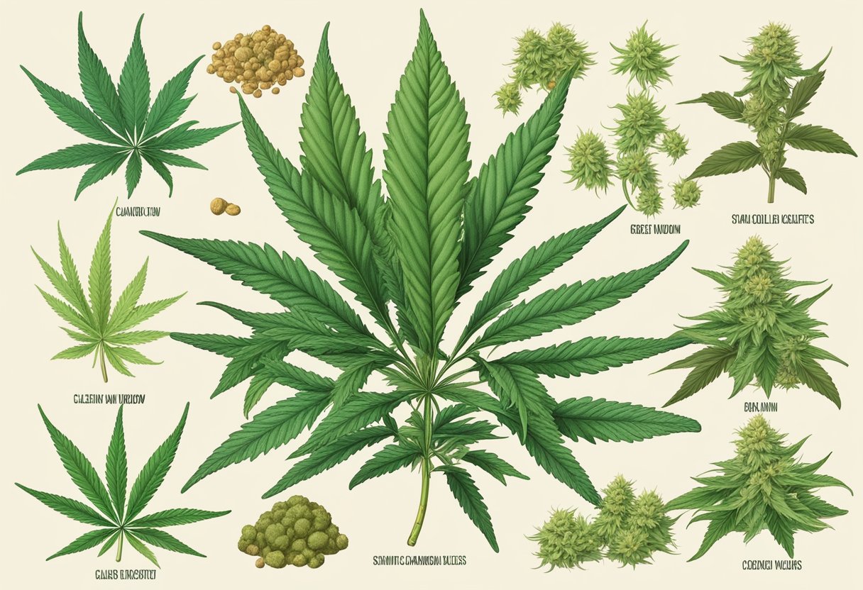 Illustration of various cannabis sativa plant parts and strains.