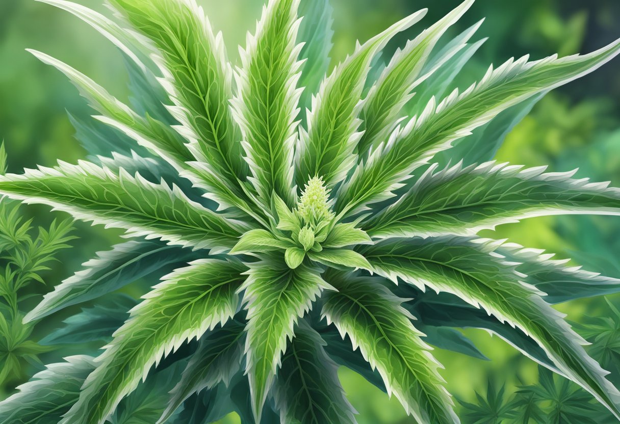 Vivid illustration of a white widow cannabis plant with detailed leaves.