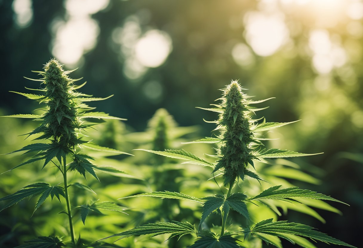 Mature godfather og cannabis plants in a field with a focus on prominent buds, highlighted by sunlight filtering through a lush green backdrop.