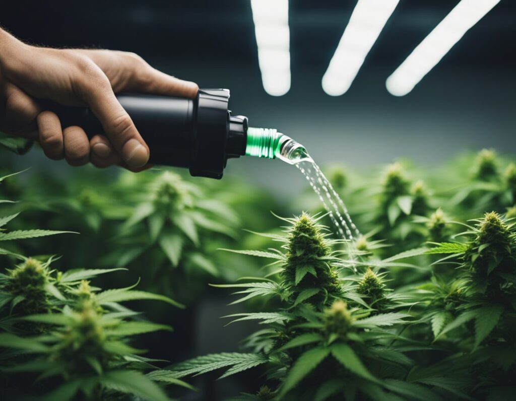 A hand is using a watering can to nurture cannabis plants for optimal growth in a well-lit indoor growing facility.