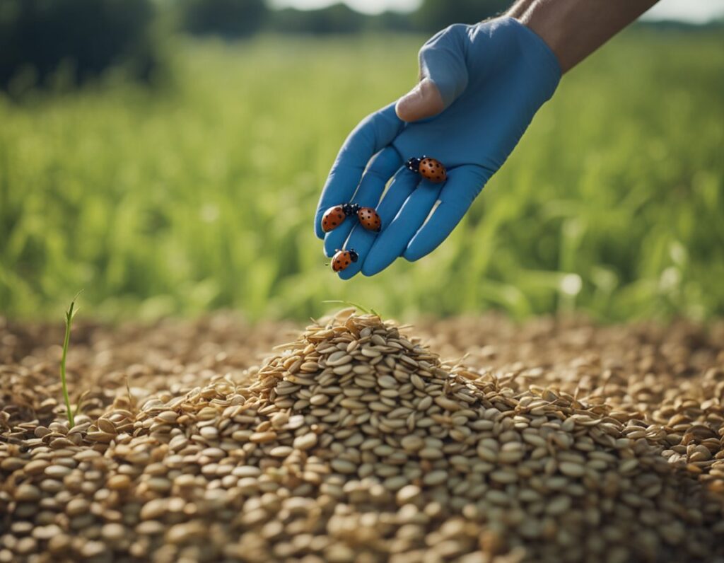 A gloved hand holds ladybugs over a pile of grains in a field, showcasing best practices in pest management.