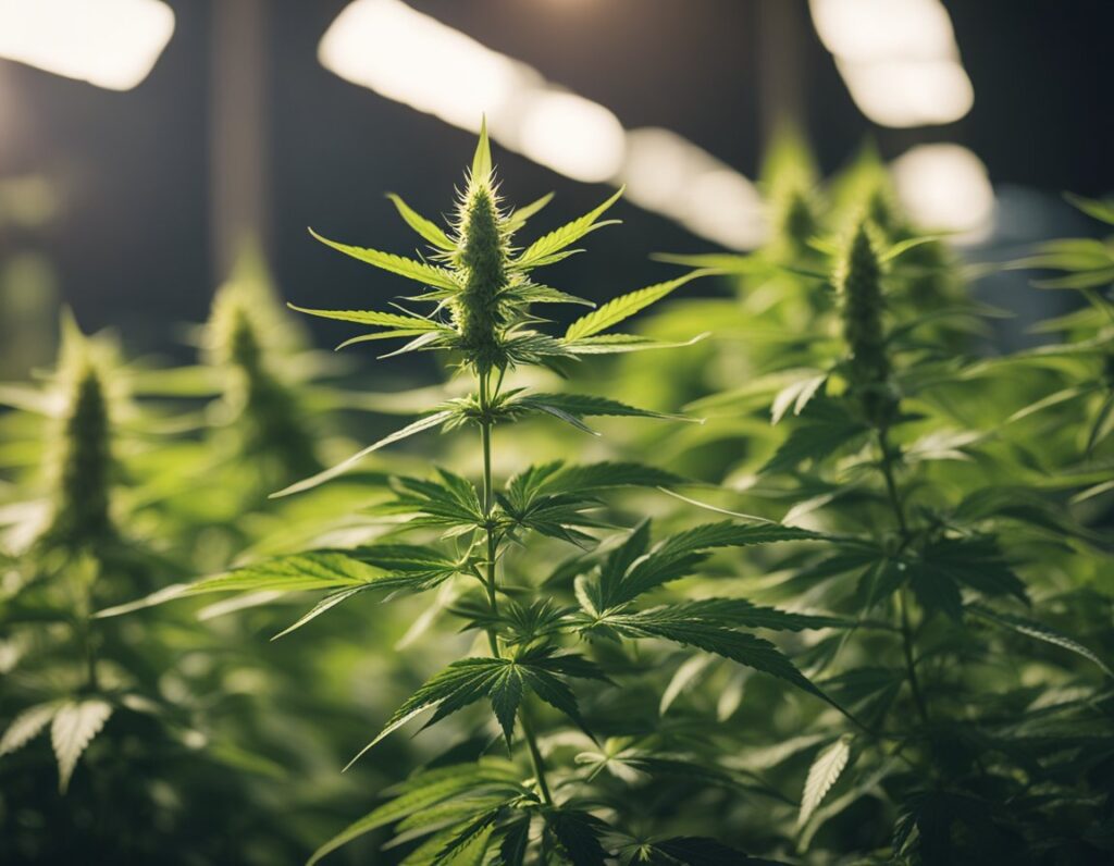 Close-up of lush green cannabis plants with detailed leaves and buds, illuminated by overhead lights in an indoor cultivation facility.