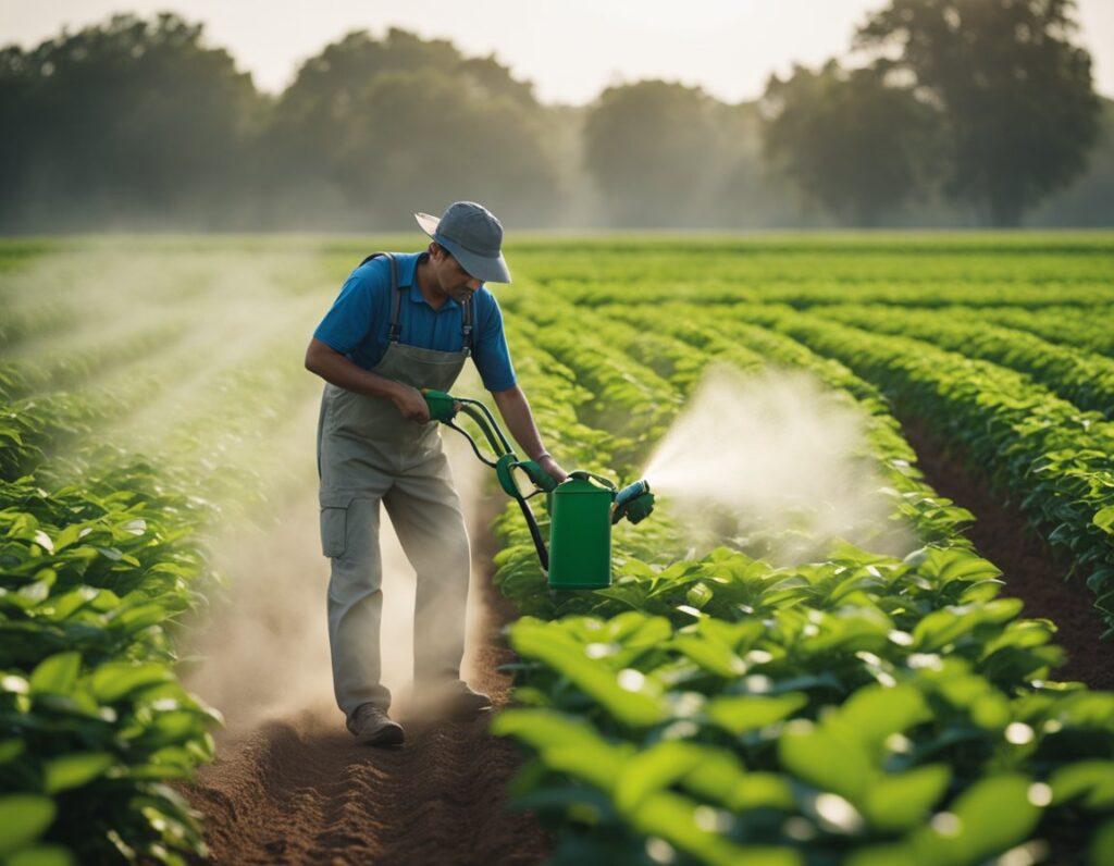 A person wearing overalls and a hat practices pest management by spraying chemicals on plants in a green field with rows of crops, under a clear US sky.