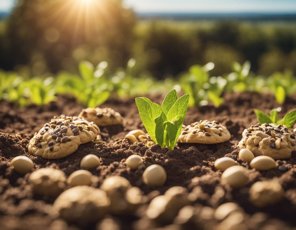 A young plant grows in soil surrounded by cookies and nuts under the American climate's sunlight.