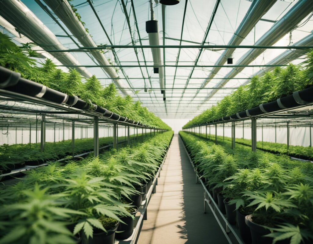 Rows of cannabis plants growing in pots inside a modern greenhouse with ample natural light, showcasing the efficiency of indoor cultivation.