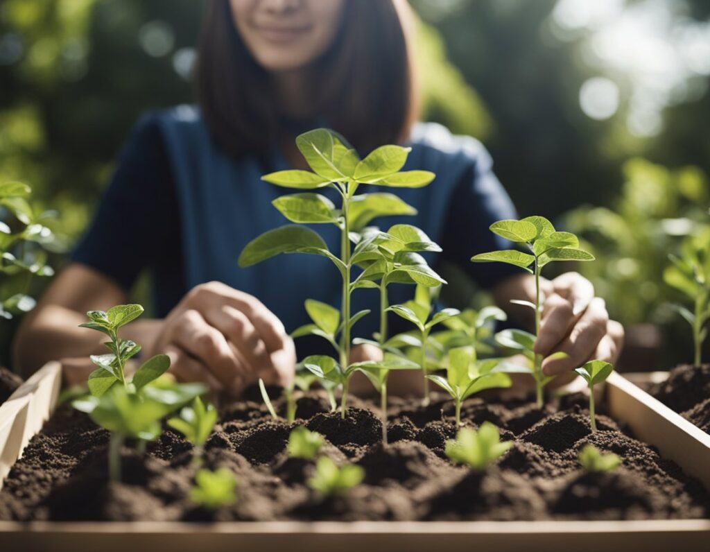 A person is tending to young green plants in a wooden planter box, focusing on the growth of the seedlings, following a comprehensive guide to ensure proper care.