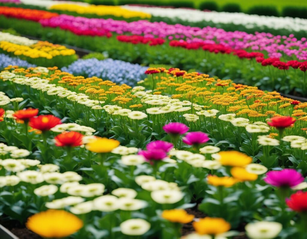 Rows of colorful flowers, including yellow, red, pink, blue, and orange blooms, in a neatly arranged garden bed demonstrate various Cookies Seeds Varieties adapted for the American climate.