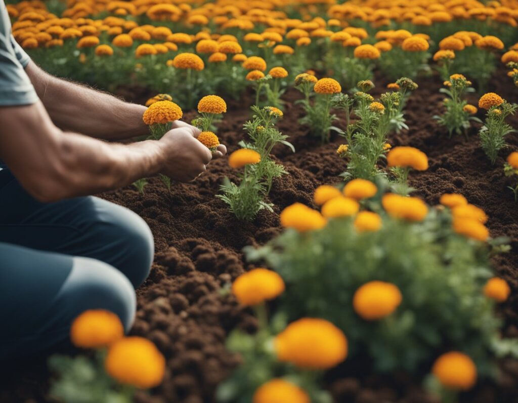 In a field in the US, a person tends to marigold flowers surrounded by vibrant yellow blooms and fresh soil, ensuring proper pest management to protect the delicate plants.