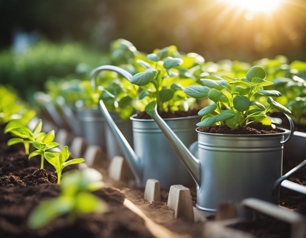 Several small plants growing in pots with handles are arranged in a garden, illuminated by sunlight for optimal growth. Soil and young sprouts are also visible in the foreground, demonstrating effective watering techniques.