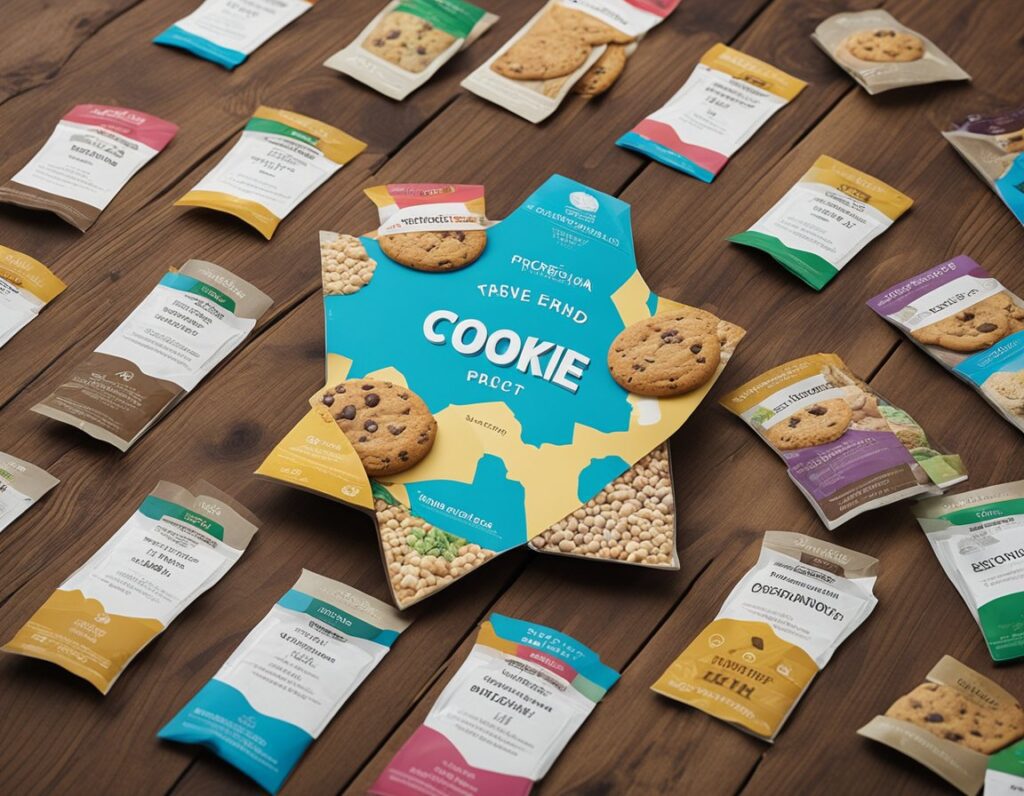 A variety of packaged cookies and snacks are spread out on a wooden surface. Central focus is on a large teal and white "Cookie" package, surrounded by smaller, colorful individual snack packs. These treats are the perfect addition to any essential tips for an enjoyable snacking experience.