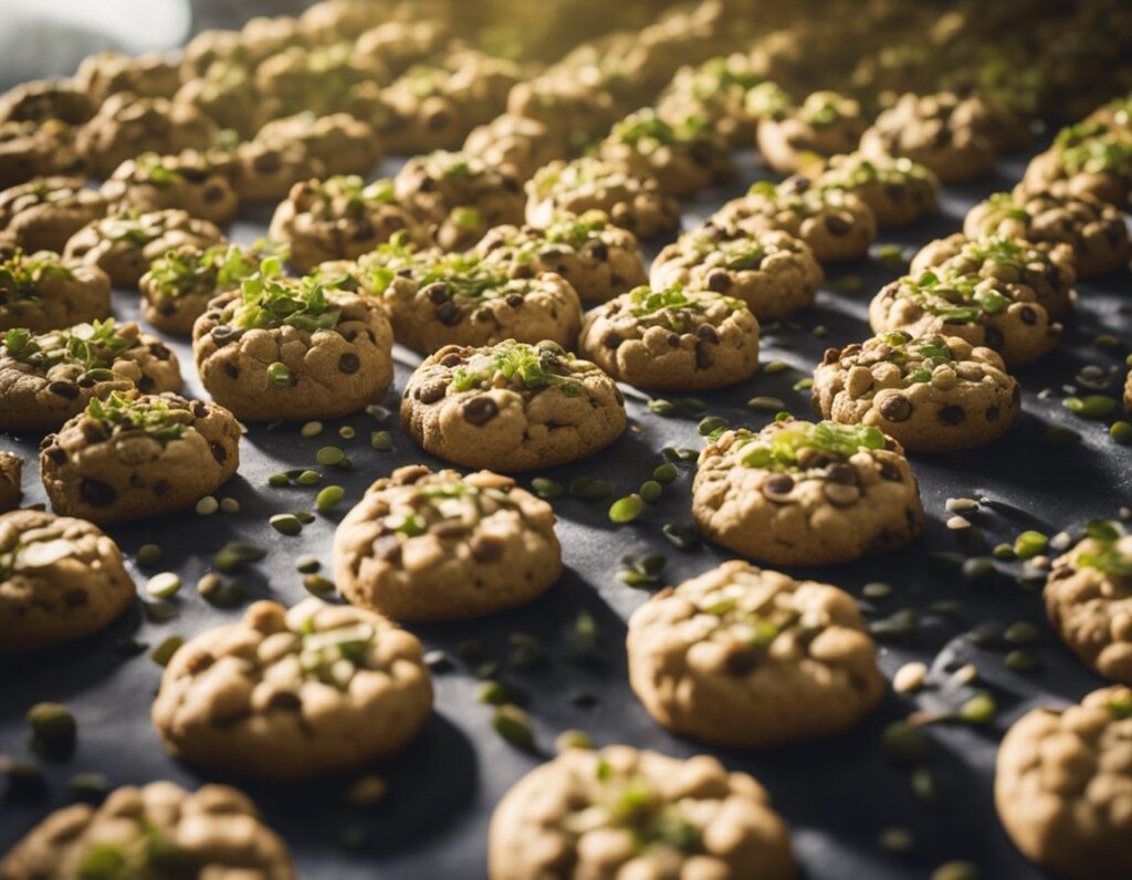 Rows of freshly baked chocolate chip cookies, topped with chopped green herbs on a dark surface, provide a delightful treat packed with essential nutrients.