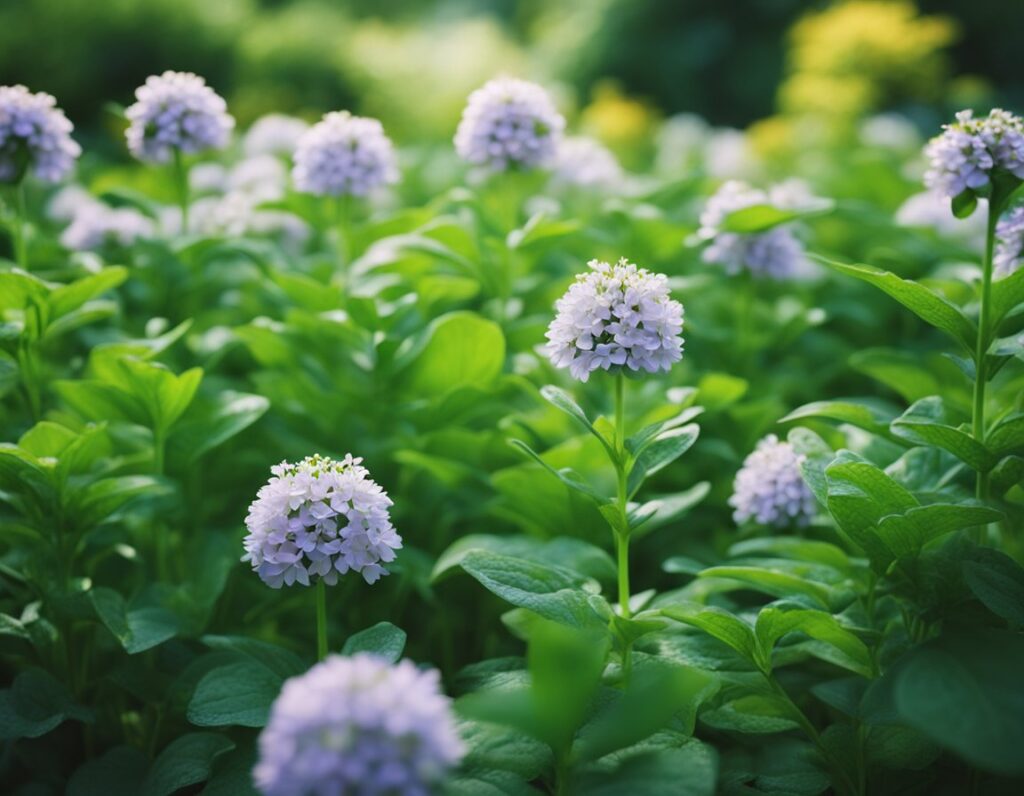 A garden scene with blooming flowers featuring light purple clusters among green foliage, bathed in soft natural light, is an essential tip for success to grow organic cookies seeds.