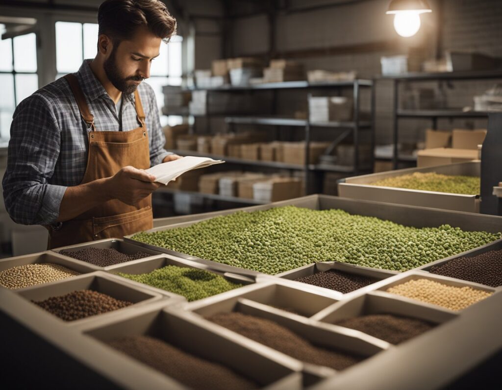 A man wearing an apron reads a book on regulations while standing next to trays of various grains and legumes in a well-lit storage room.