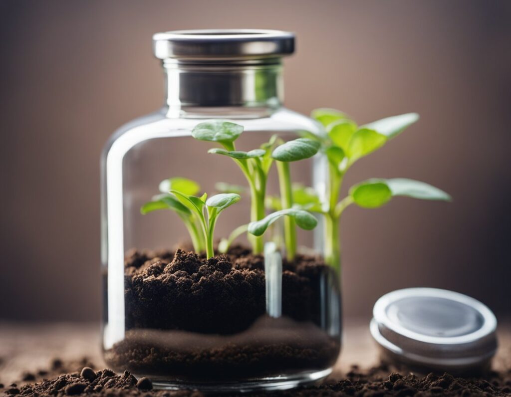 Small green plants are thriving in soil inside a transparent glass jar with a metal lid placed next to it, nurtured with essential nutrients for optimal yield.