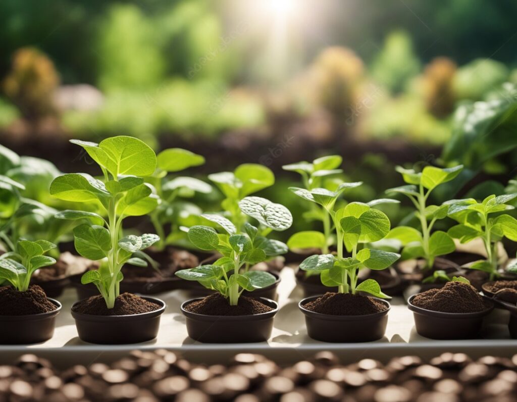 Several small green seedlings in pots are displayed under sunlight in an outdoor garden setting, showcasing the potential for vibrant growth in an American climate.