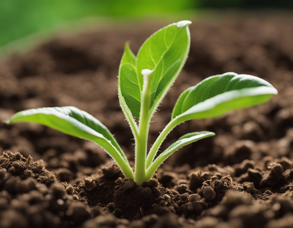 Close-up of a small green plant with several leaves growing in dark brown soil, with a blurred green background, showcasing essential tips for nurturing healthy growth.