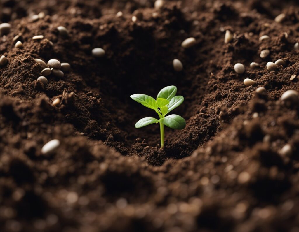 A small green seedling grows in rich, dark soil, surrounded by scattered seeds in a garden bed—a perfect start for anyone looking to grow organic cookies.