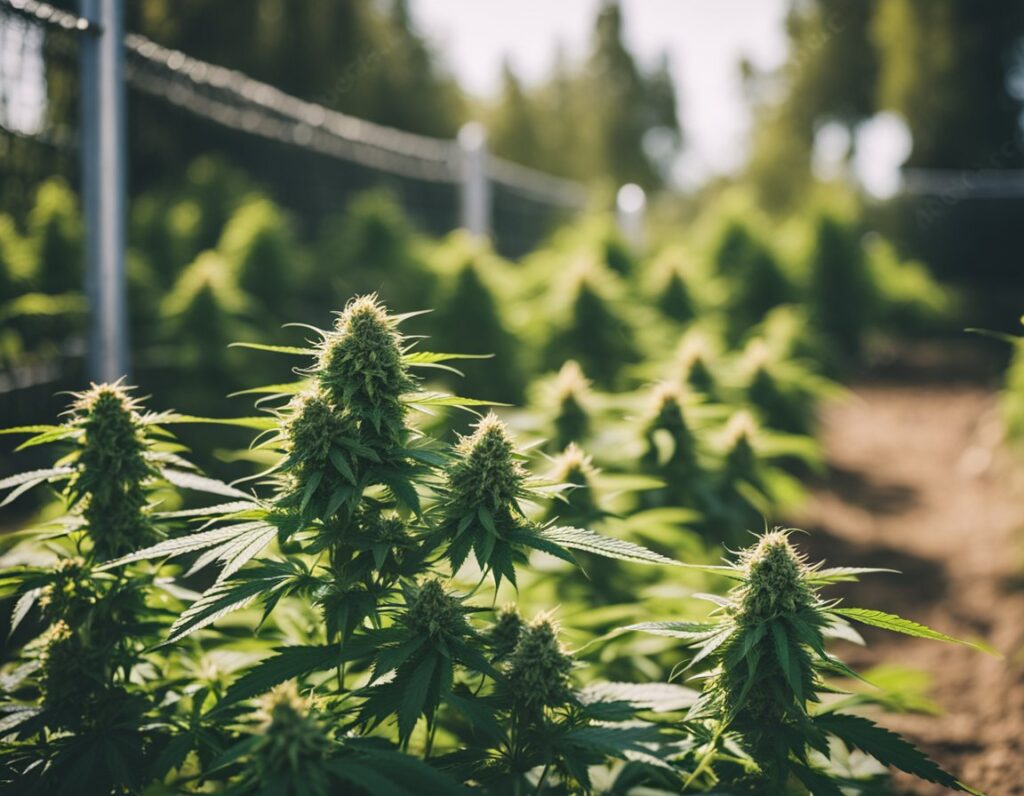 Cannabis plants growing from legal, regulated cookies seeds thrive in an outdoor field with green foliage and mature buds. The area is enclosed by a wire fence and set against a background of trees on a sunny day.