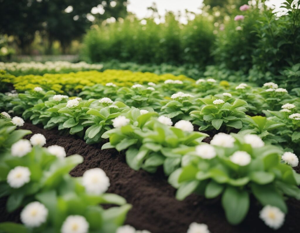 A garden with neatly arranged rows of green plants with white flowers, set against a background of taller green foliage. The soil is dark and well-maintained, following essential tips for success when you grow organic cookies seeds.