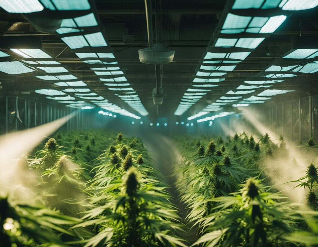 A large indoor cannabis farm with rows of mature cannabis plants under blue grow lights, surrounded by mist, thrives by using essential nutrients to achieve an optimal yield.