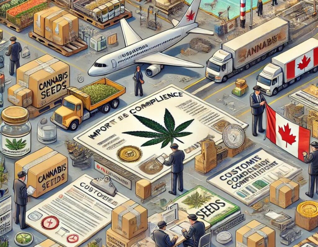 Illustration of international trade involving cannabis. Features an airplane, boxes labeled "Cannabis Seeds," Canadian flags, customs officers, documents for import and compliance, and a comprehensive guide adhering to Canadian laws.