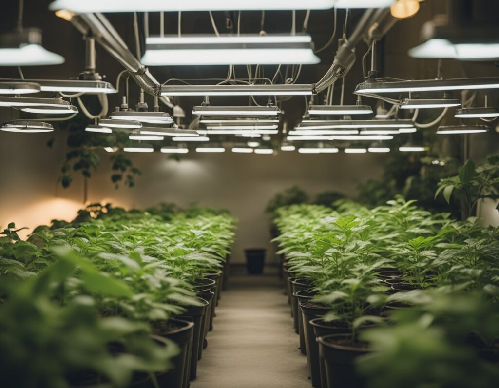 Indoor greenhouse with rows of potted plants under grow lights, ideal for Cookies Seeds cultivation.