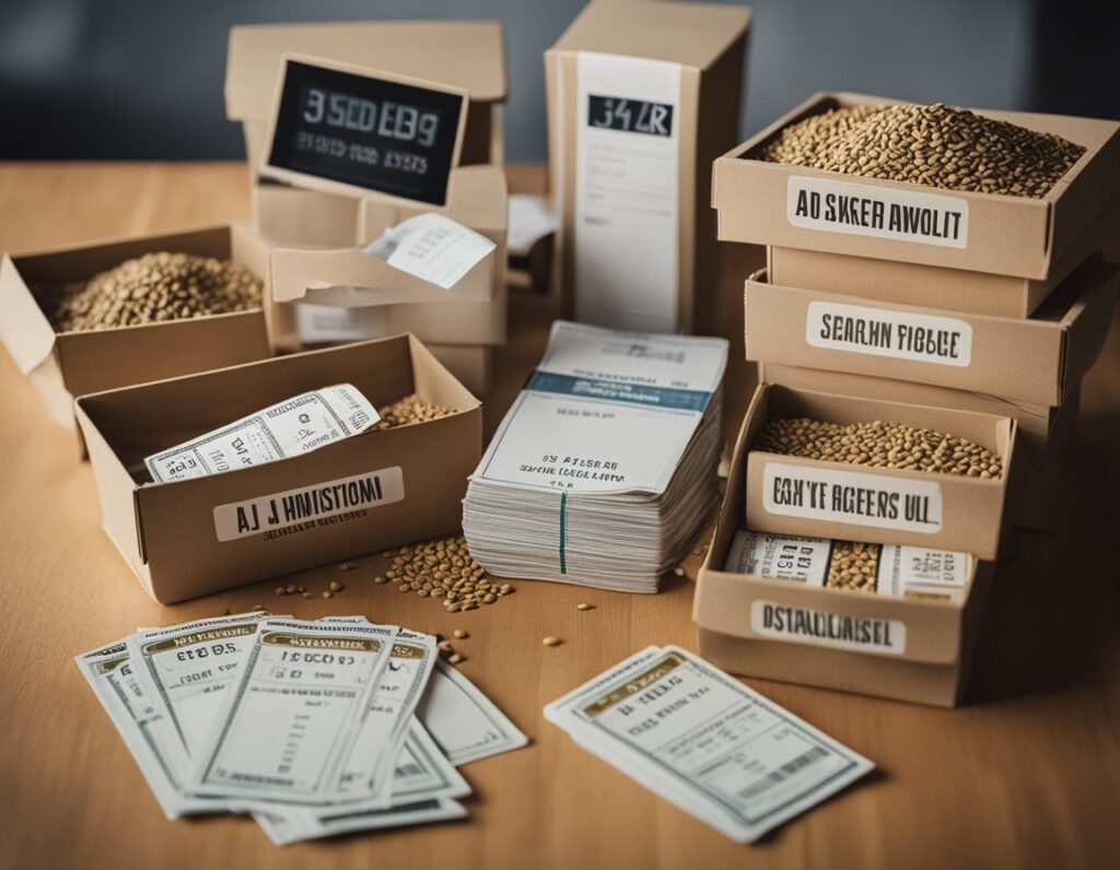 Boxes and stacks of coded documents and cards on a table surrounded by grains, resembling a comprehensive guide to Canadian laws. Labels with gibberish text are visible on the boxes.