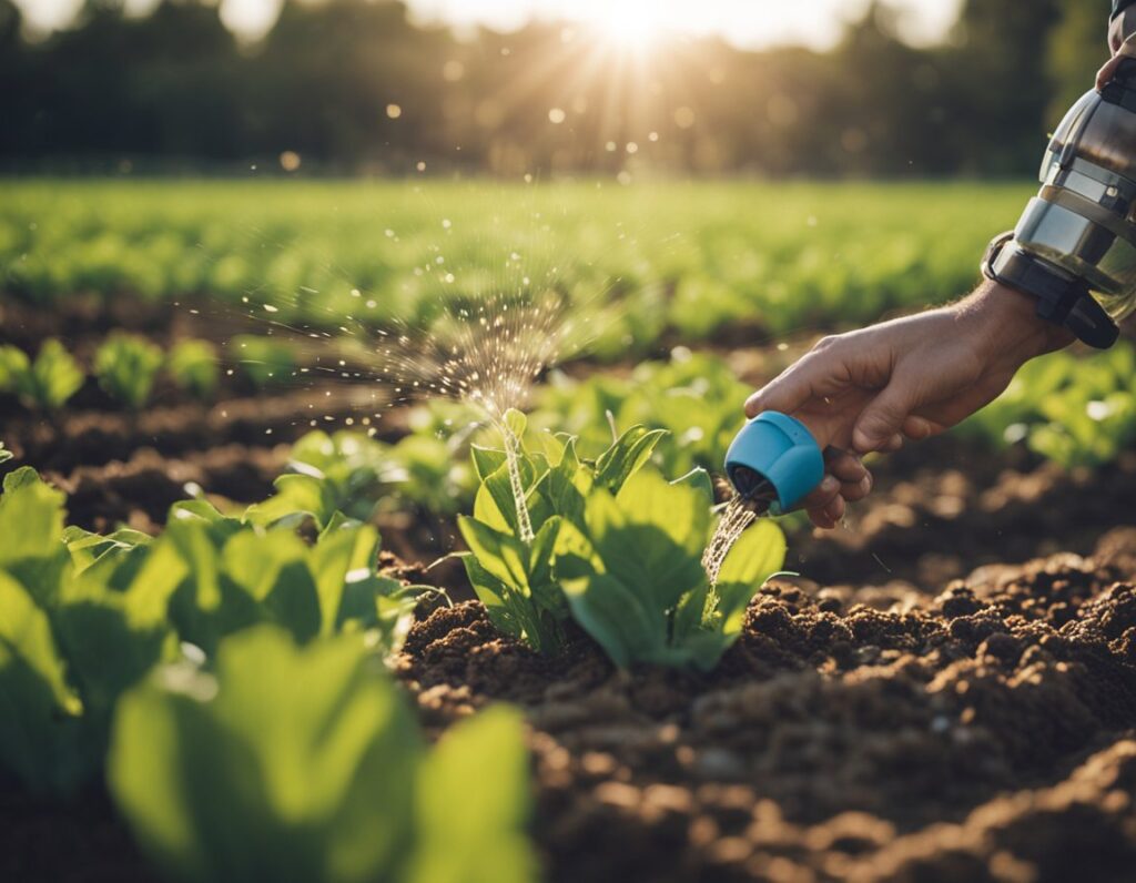 A person uses a small watering can to ensure optimal growth of a leafy green plant in a sunlit garden, surrounded by rows of similar plants.