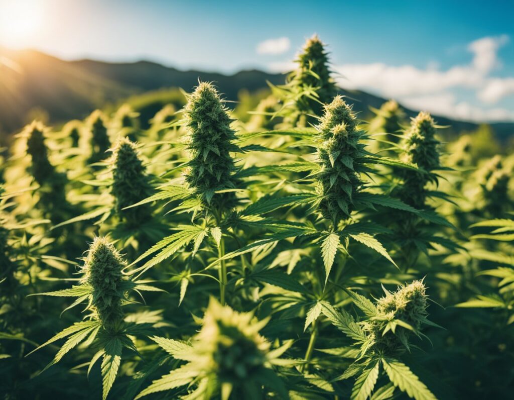 Sunlit field of mature cannabis plants with large buds, surrounded by rolling hills and a clear blue sky. For those interested, our growing guide offers essential tips on cultivating your own plants from Cookies Seeds.